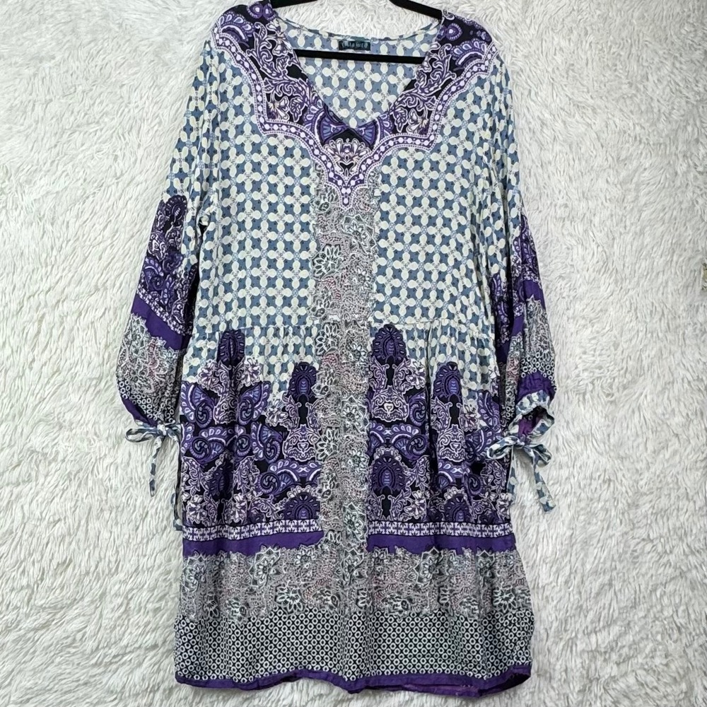 Bella Moda Purple Blue Paisley Boho Tunic Dress 100% Viscose